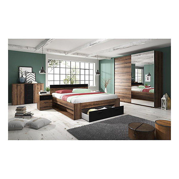 Lit adulte 160x200 avec tiroirs intégrés - Collection EOS. Coloris chene foncé et noir