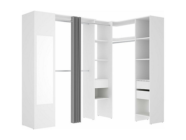 Dressing d'angle avec rideau et 1 porte - Avec miroir - L231 cm - Blanc et gris - BERTRAND