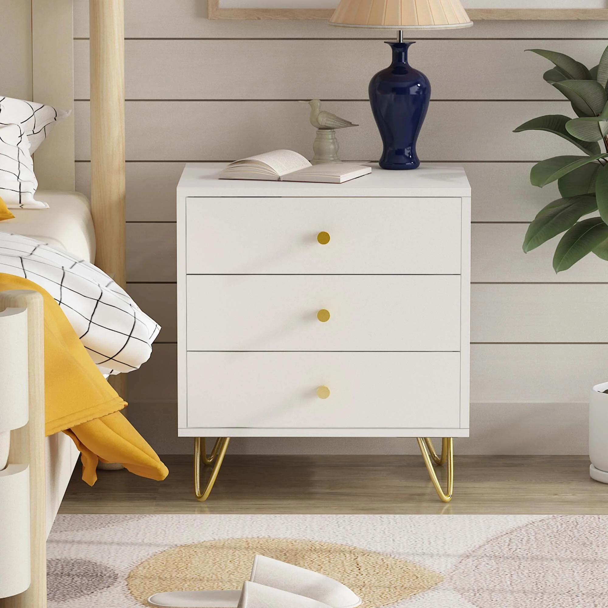 Light Luxury Style Nightstand,19.6W,Golden Metal Steel, Three Drawers