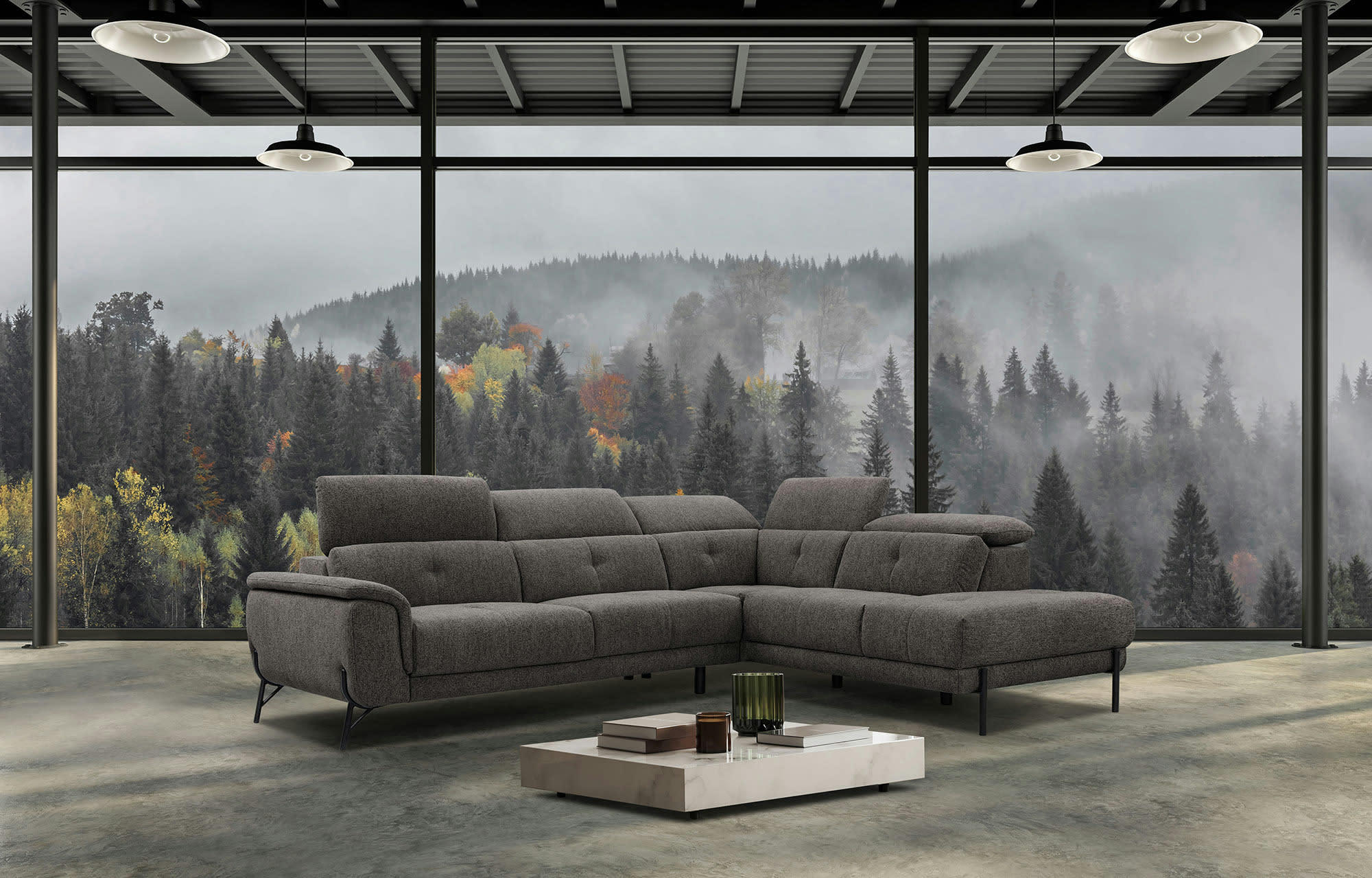 AVENA - Canapé d'angle droit  5 places en tissu marron