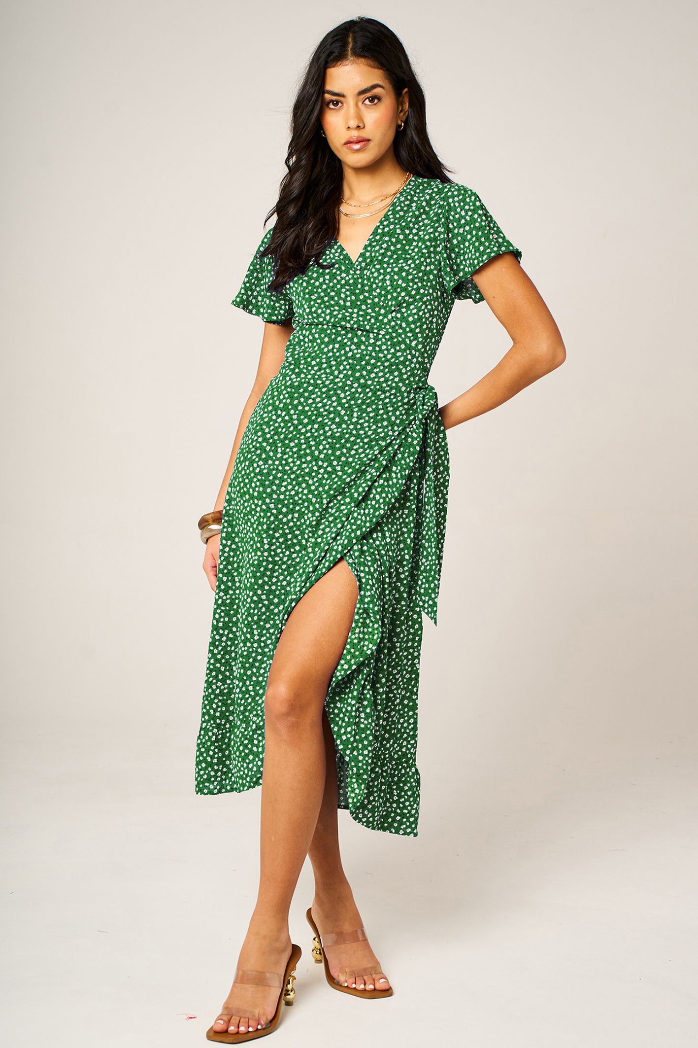 FS Collection Angel Sleeve Floral Wrap Midi Dress with Hem Frill Detail In Green