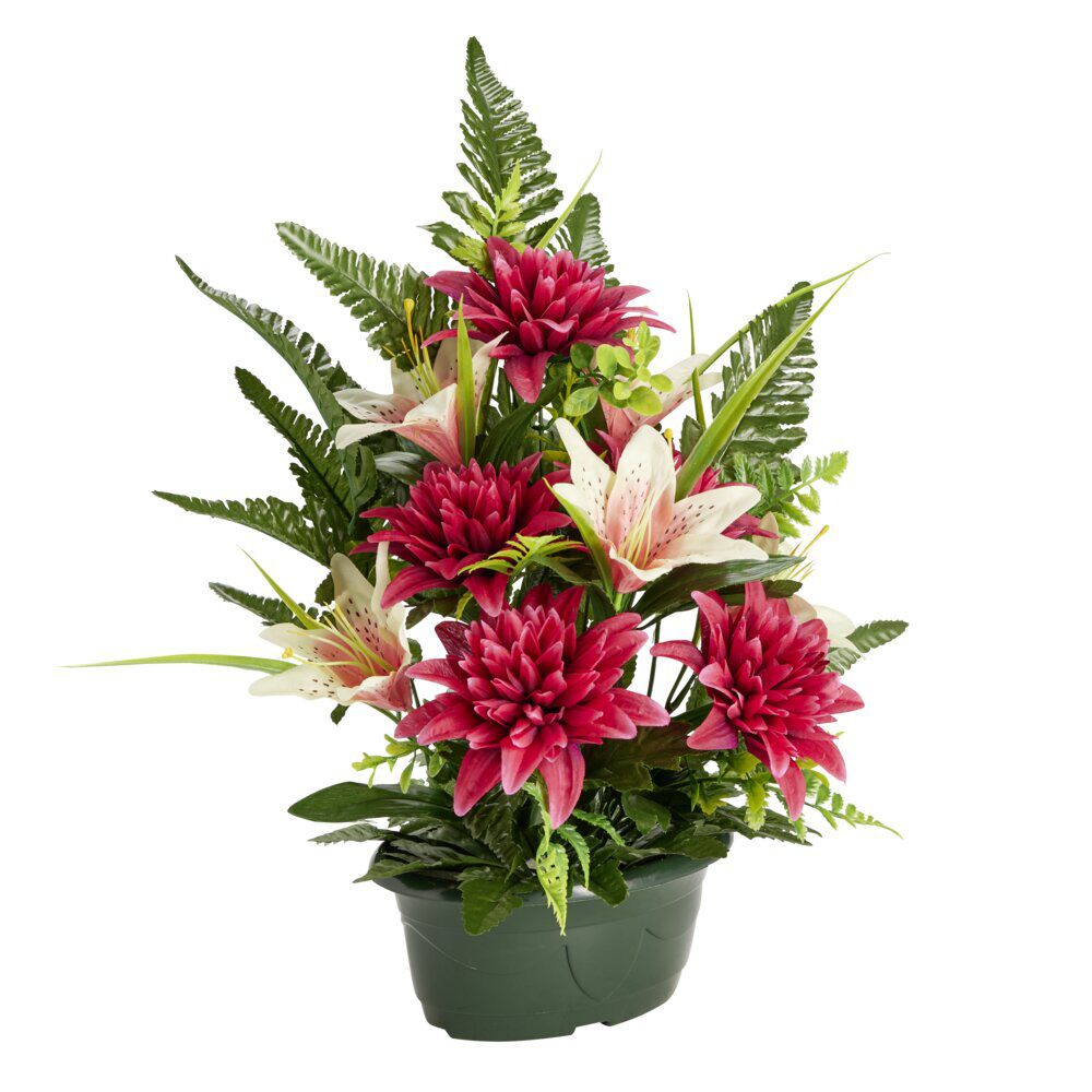 Composition florale artificielle dahlias et lys rouges jardinière L37xH45cm