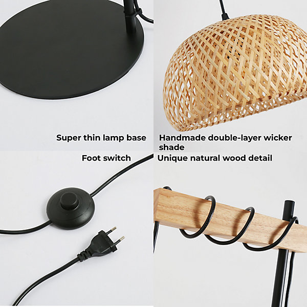 Lampe sur pied en bois et rotin avec abat-jour en bambou Ylva interrupteur au pied et design moderne pour salon ou cuisine E27