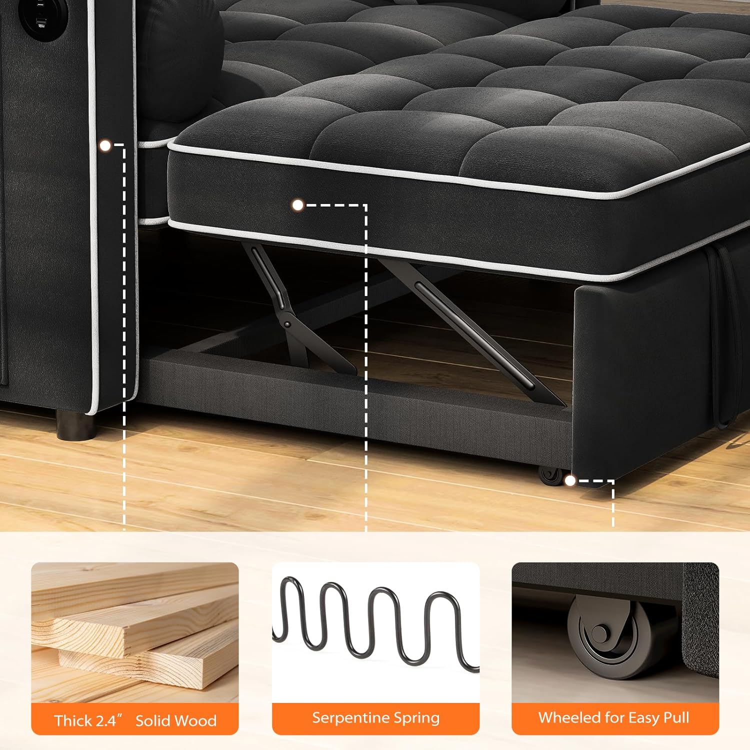 3 in 1 Convertible Sleeper Sofa Bed(Black Velvet)