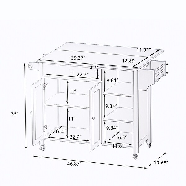 Double Door Kitchen Island with Lockable Wheels, Towel Rack, One Storage Drawer & Three Open Shelves