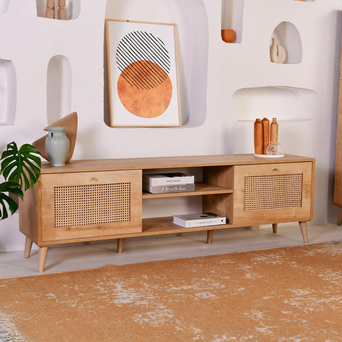 Meuble TV cannage 2 espaces rangement 2 niches MARFA