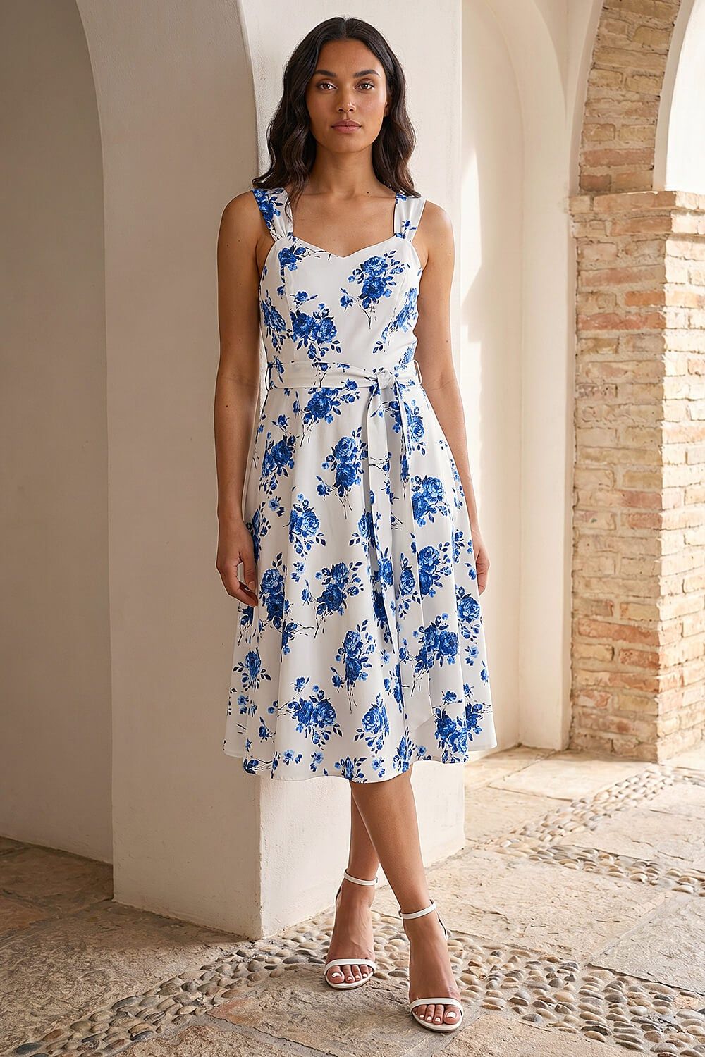 Roman Floral Tie Waist Midi Dress