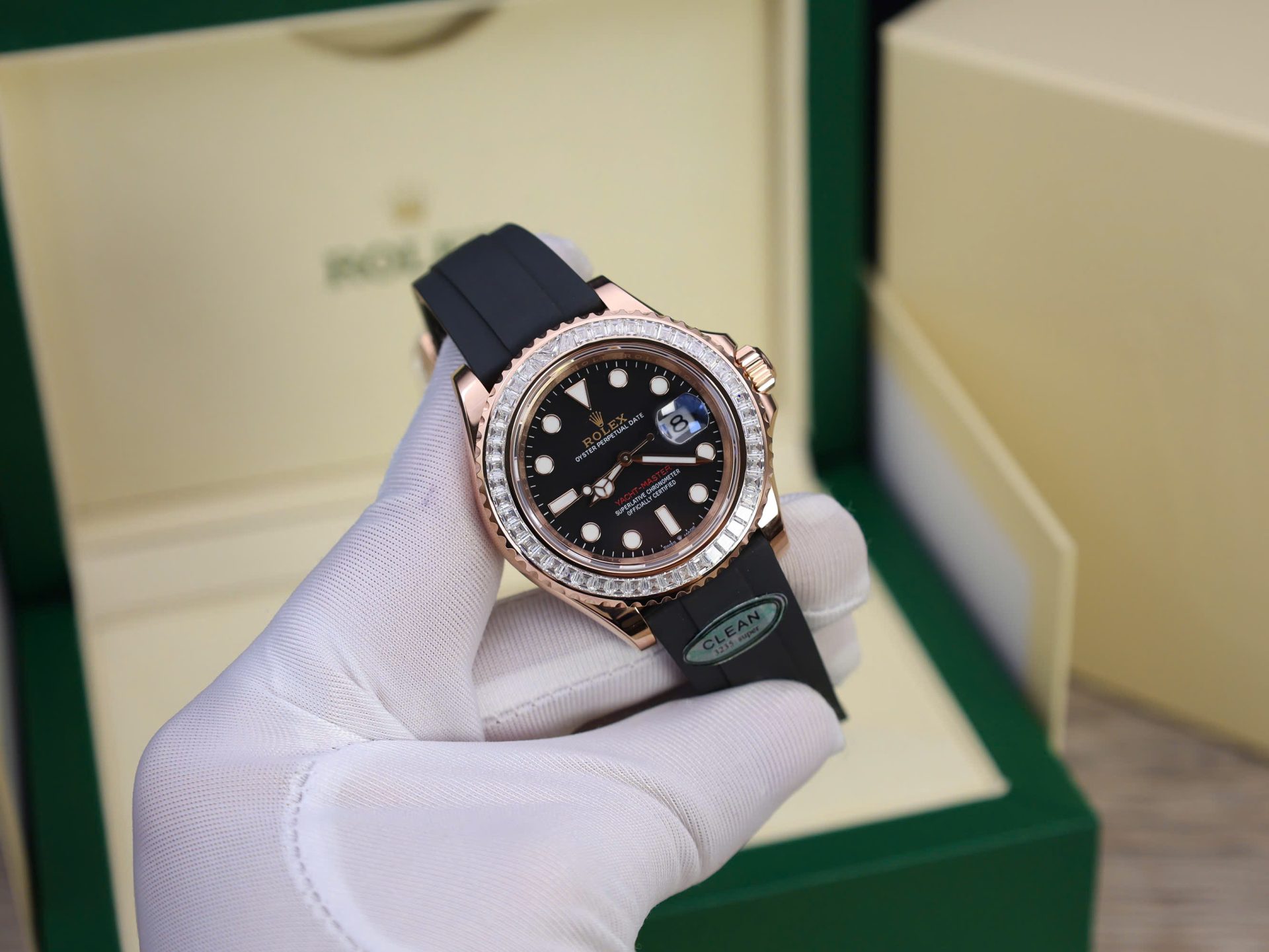 Rolex Yacht-Master RG Plated Black Dial Baguette Diamond 40mm Oysterflex Super Clone