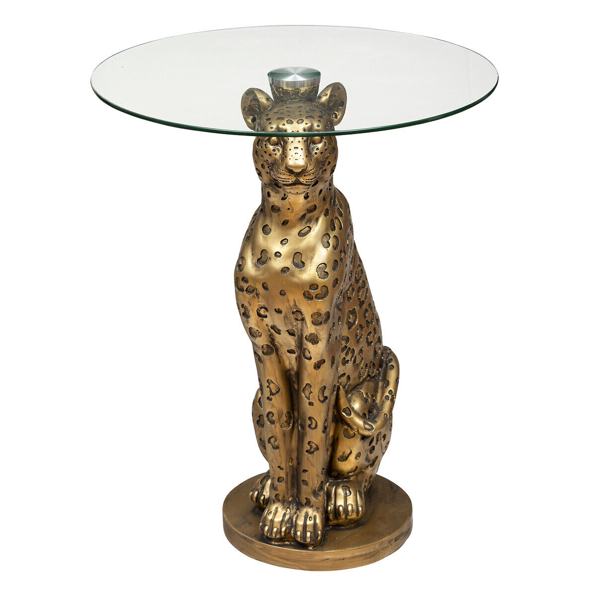 Mesa de apoio com base forma de leopardo dourado em resina