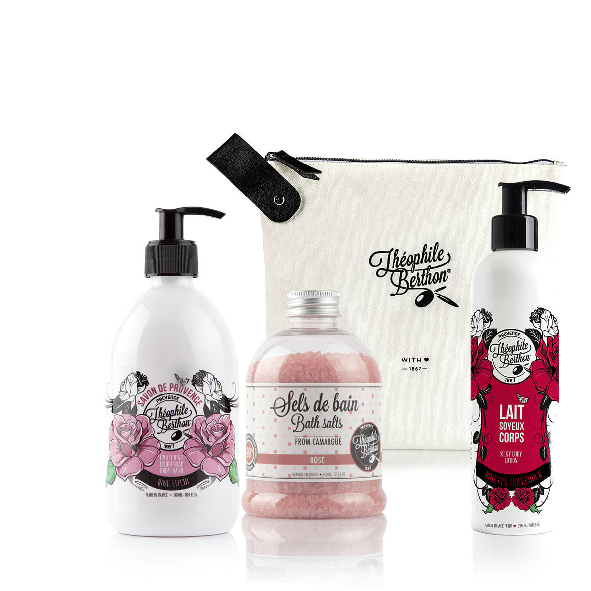 ROSIE - Trousse rose lait corps sels bain et savon liquide de marseille