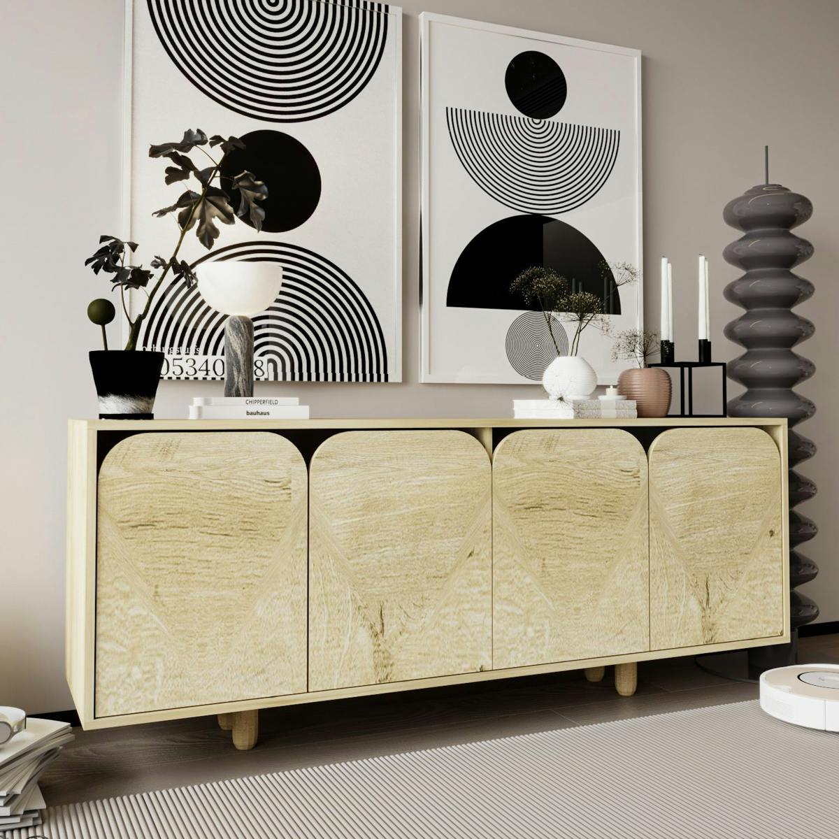 Buffet bas moderne effet bois 4 portes courbes VAREN