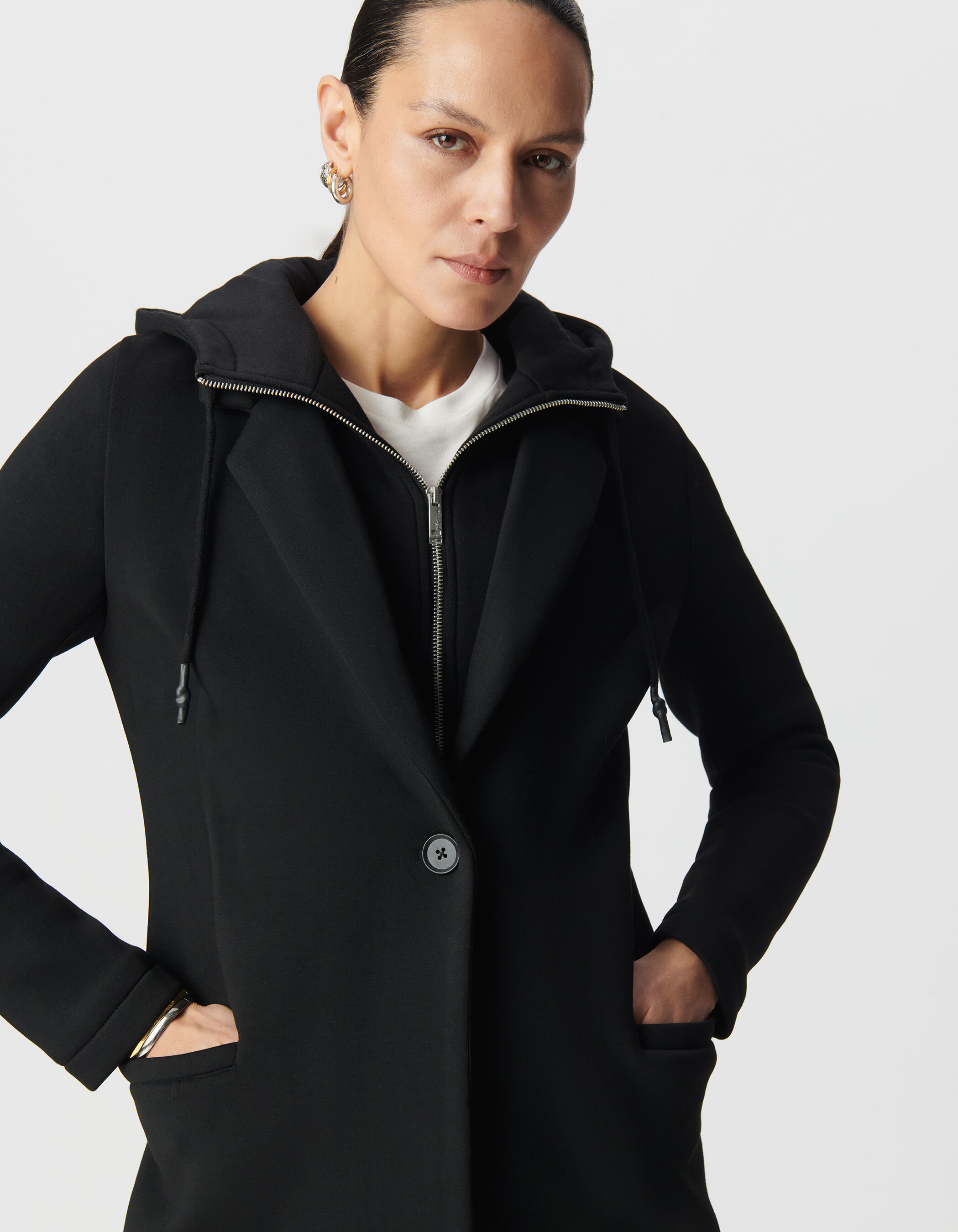 Manteau noir néoprène capuche amovible Femme