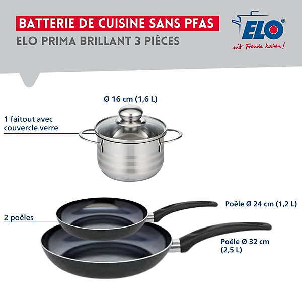 Ensemble de 2 Poêles de cuisson 24 et 32 cm et 1 faitout 16 cm Elo Prima Brillant