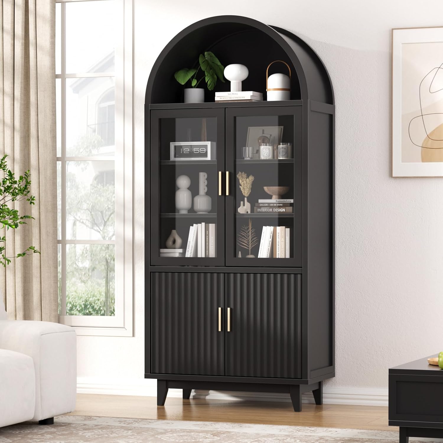 FiveWillowise Arched Cabinet with Glass Doors, Fluted Tall Pantry with Solid Wood Legs, 71 Modern Accent Cabinet for Living Room, Kitchen, Dining Room, Entryway, Black