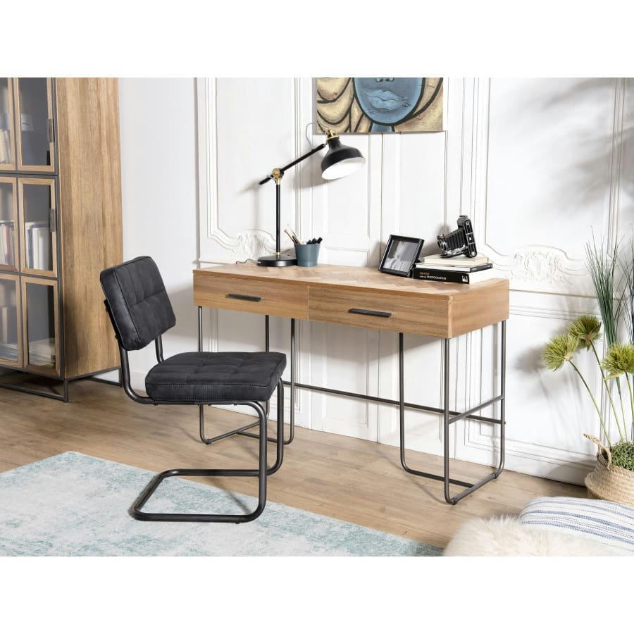 CLEMENCE - Bureau 2 tiroirs en teck pieds métal noir