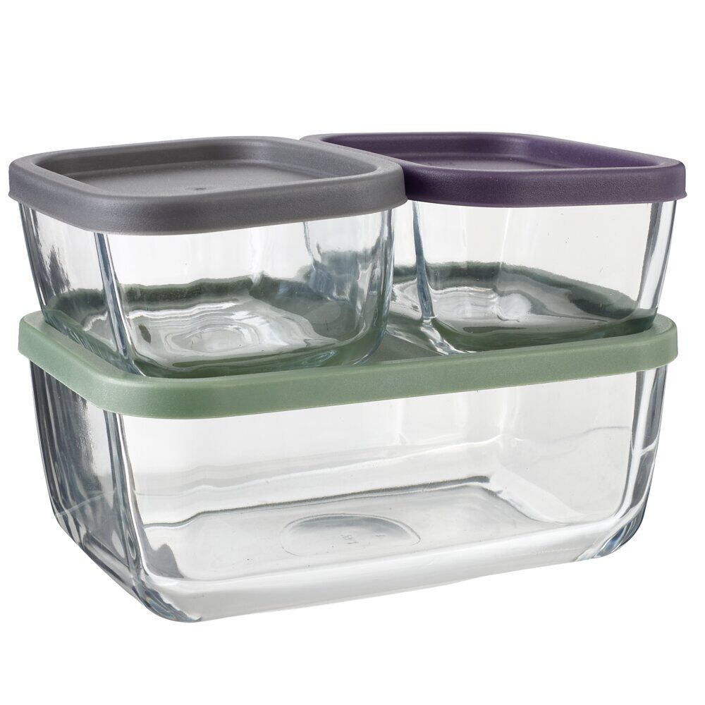 BoÎte alimentaire x3 verre rectangulaire avec couvercles plastique multicolore 0,4L et 1,17L