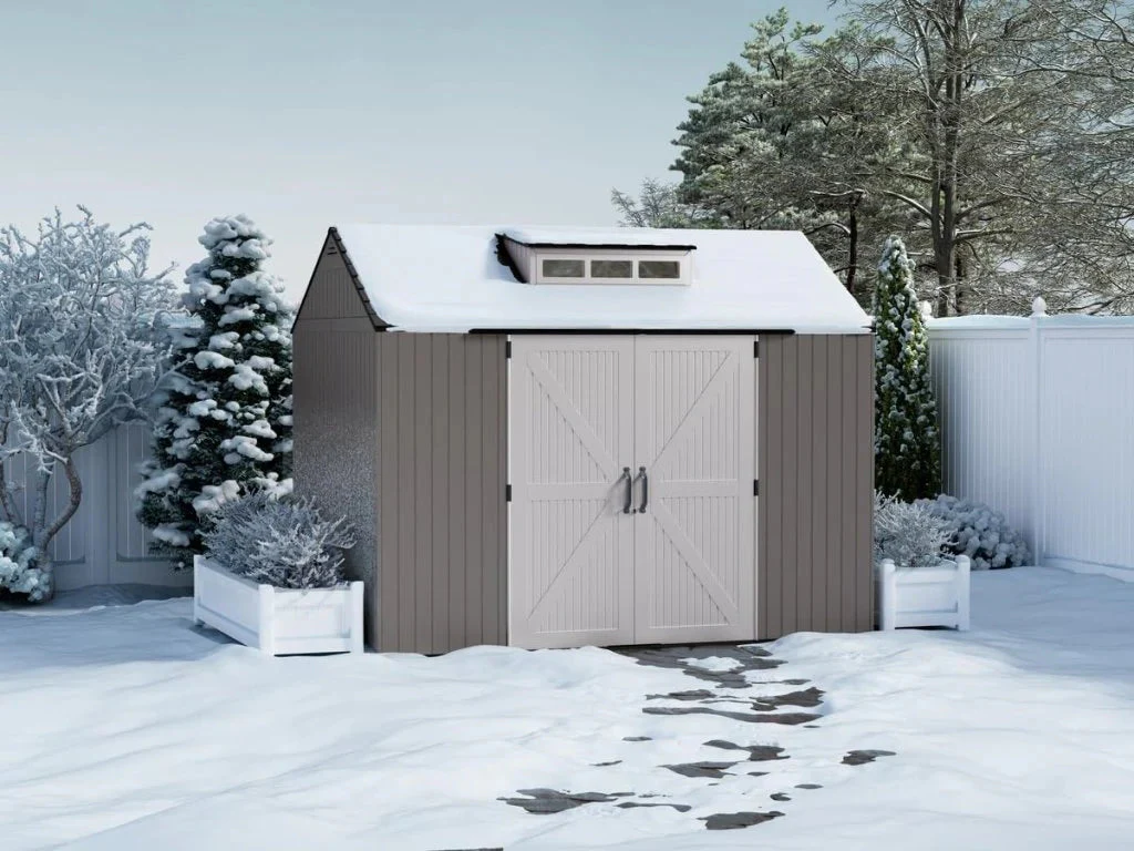 Rubbermaid Resin Outdoor Storage Shed With Floor (7 x 7 Ft) Weather Resistant Gray Organization for Home/Backyard/Garden Tools/Lawn Mower/Bike Storage/Pool Supplies(7'x7'/Gray)