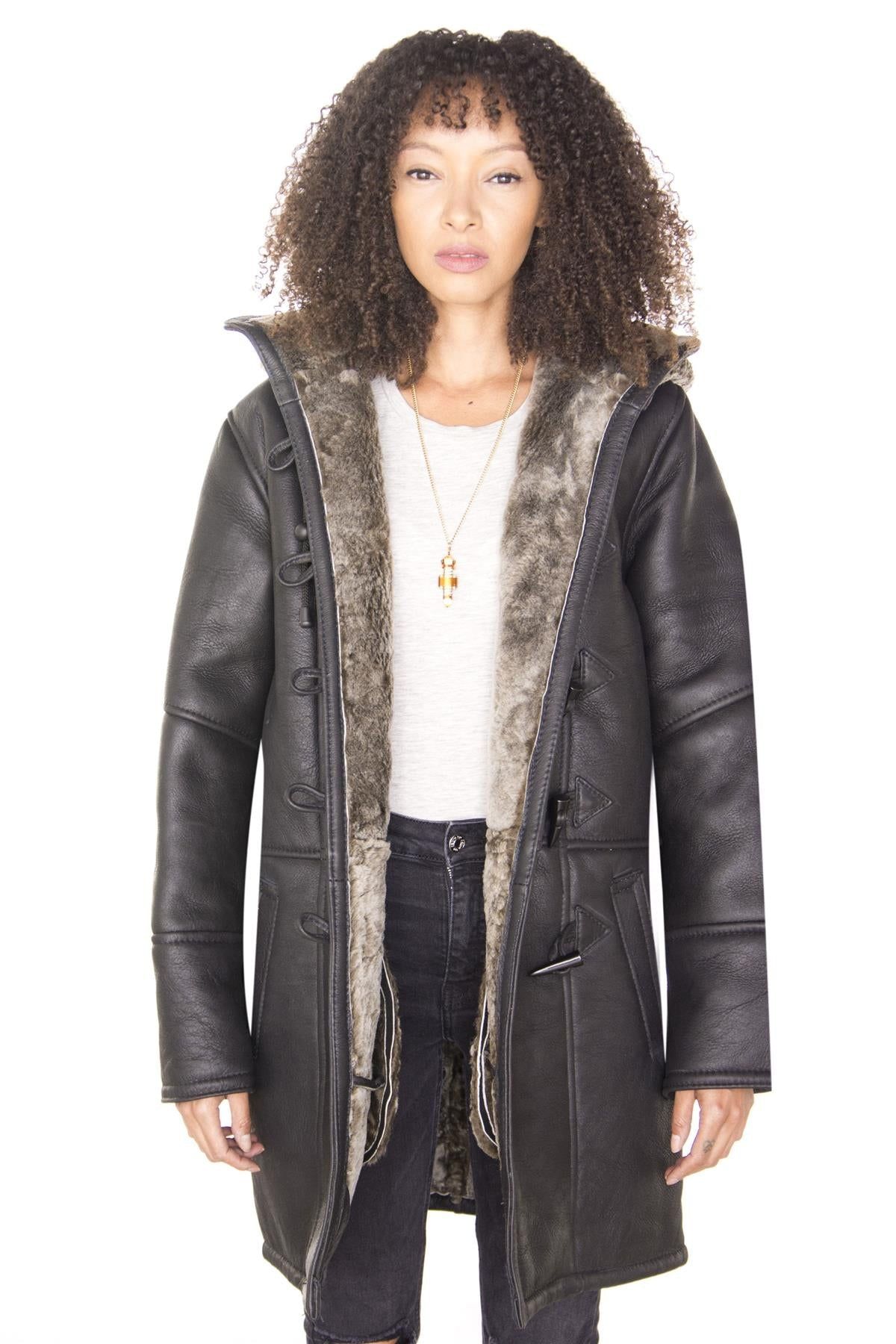 Infinity Leather Shearling Hooded Duffle Coat-Royston