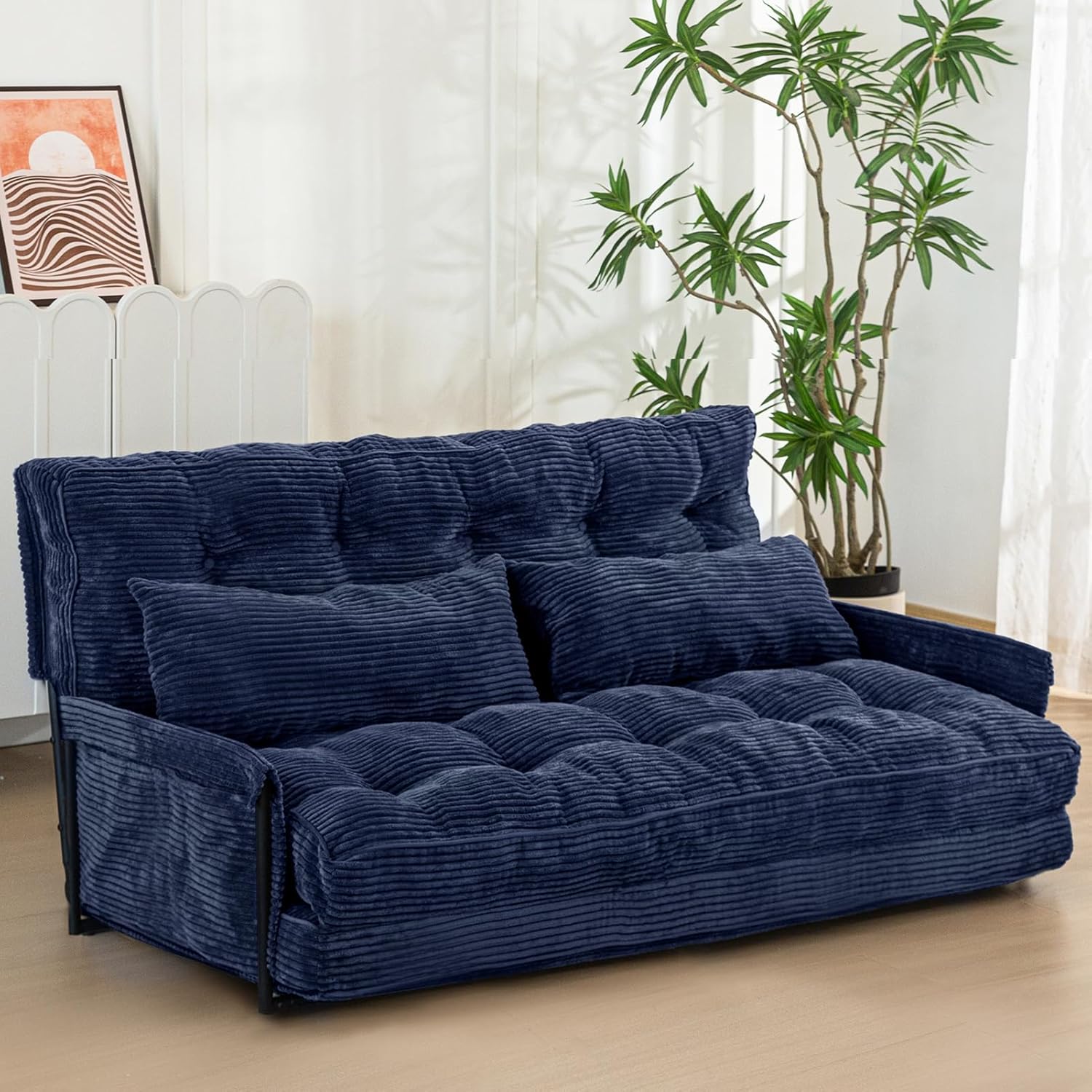 MAXYOYO Adjustable Floor Sofa Couch with 2 Pillows, Multi-Functional Bean Bag Bed, 5-Position Foldable Lazy Sofa Sleeper Bed with Armrest, Versatile Floor Seating for Reading, Navy, Double