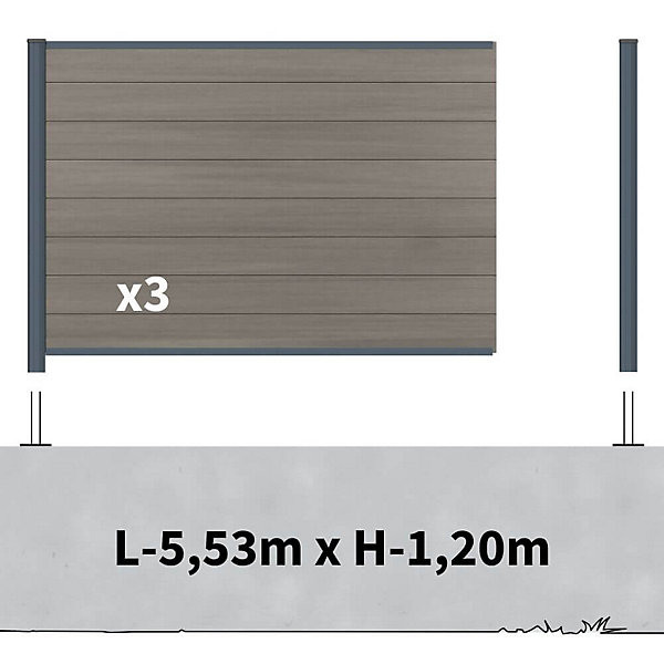 Kit clôture composite sur muret poteau sur platines - CRUZ Argent H-1,2m