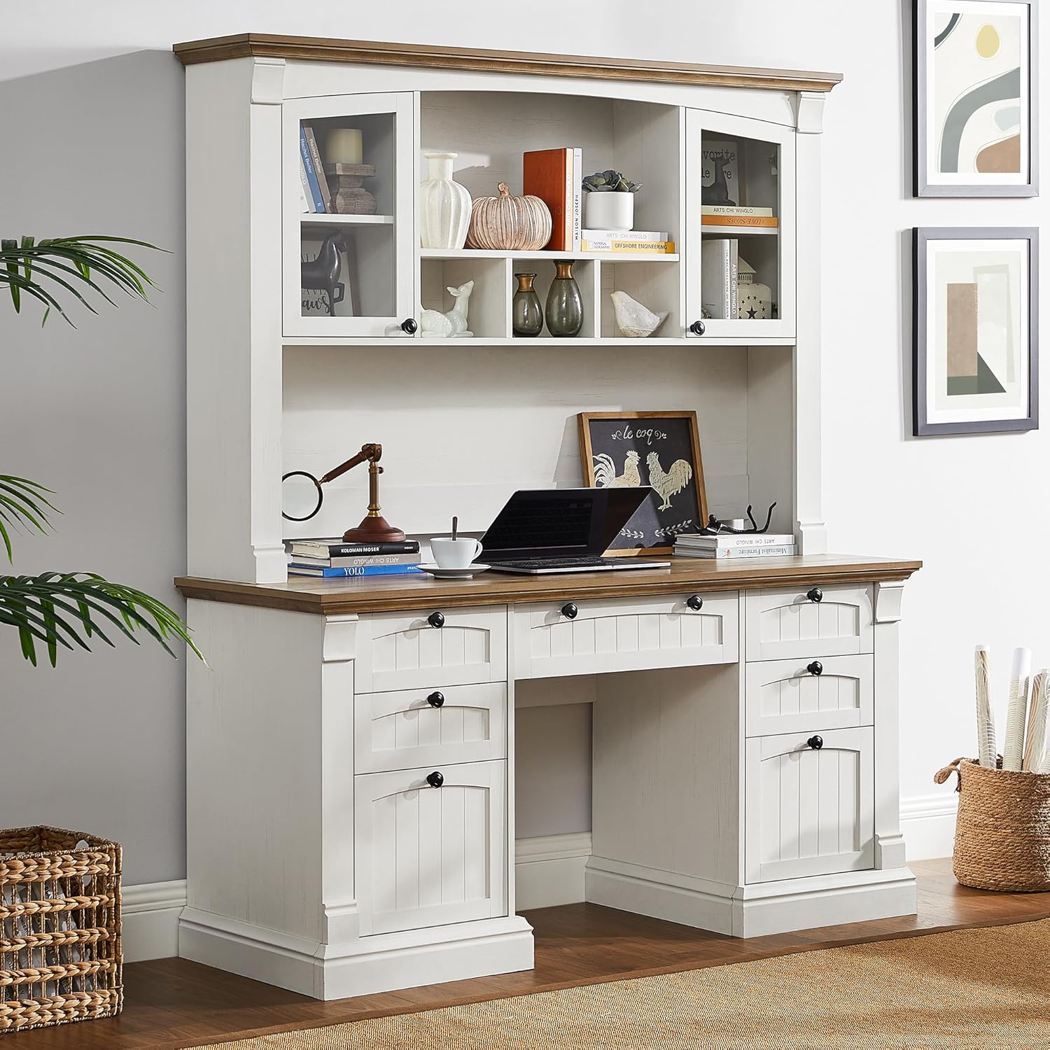 OKD 60 Executive Desk with Hutch and Drawers, Farmhouse Home Office Desk with Charging Station, Keyboard Tray, File Cabinet Storage, Wood Computer Desk for Work and Study, Antique White