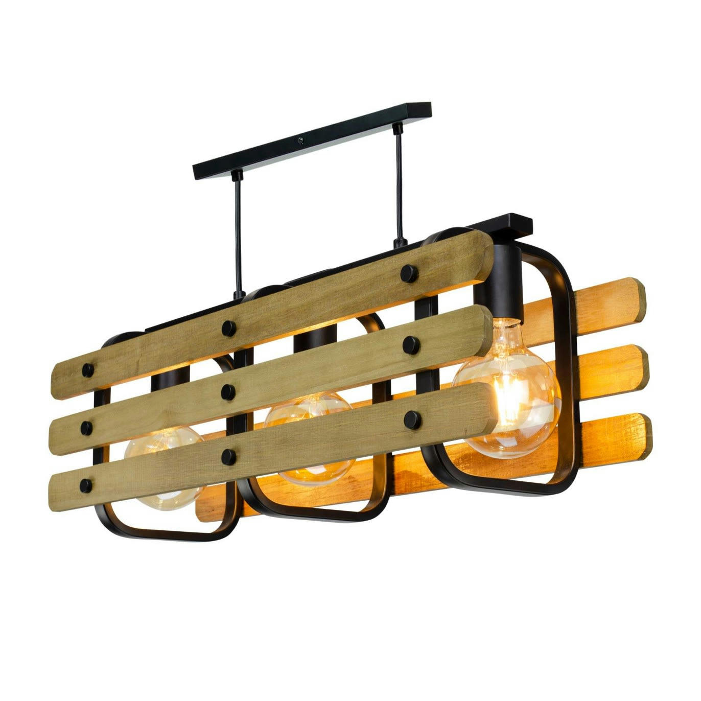 CHABANON - Suspension 3 lumières en bois marron et métal noir