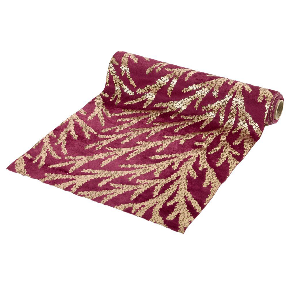 Chemin de table imitation velours imprimé branche L300X28 cm rouge et doré
