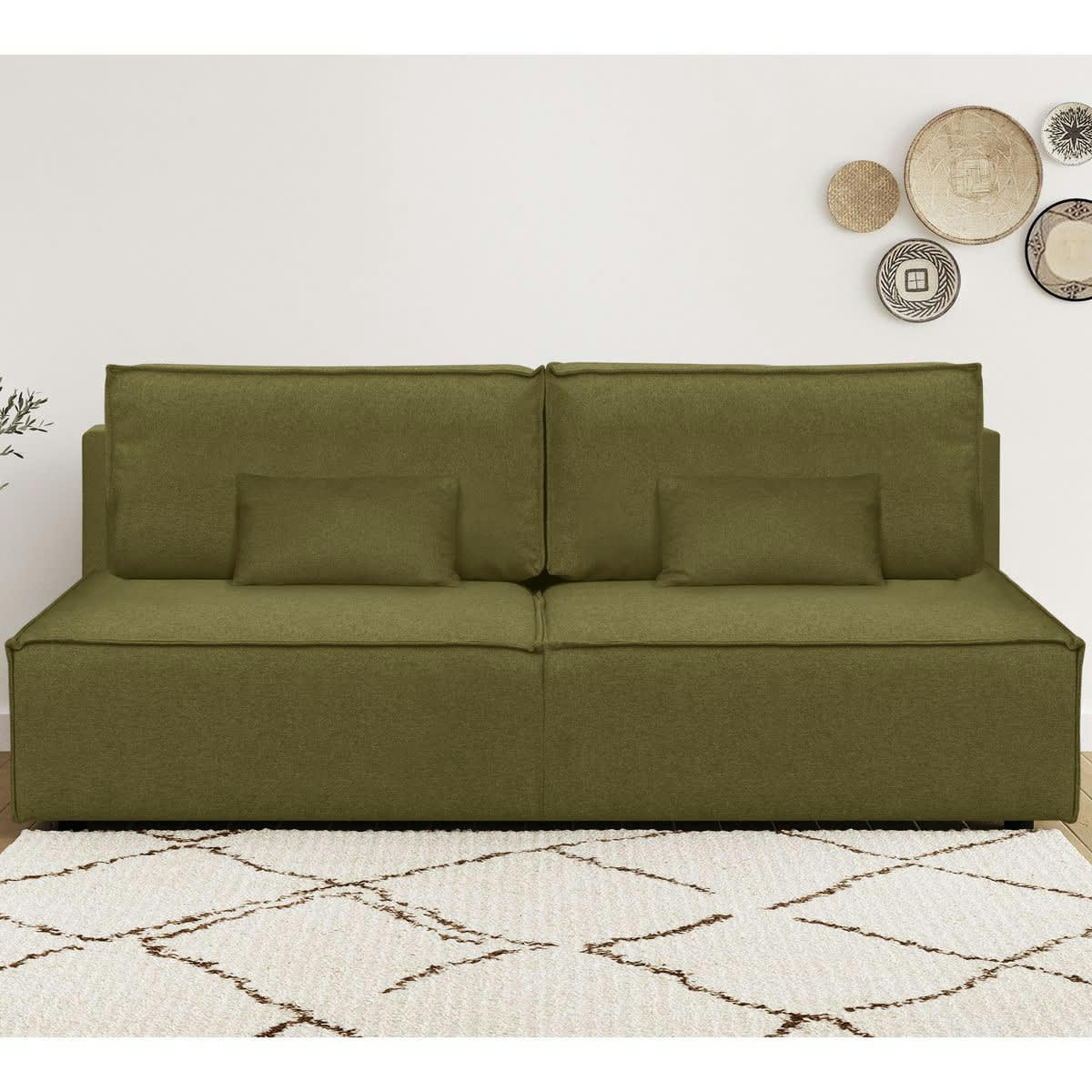 MILLA NEW - Canapé convertible 3 places avec coffre en tissu vert olive