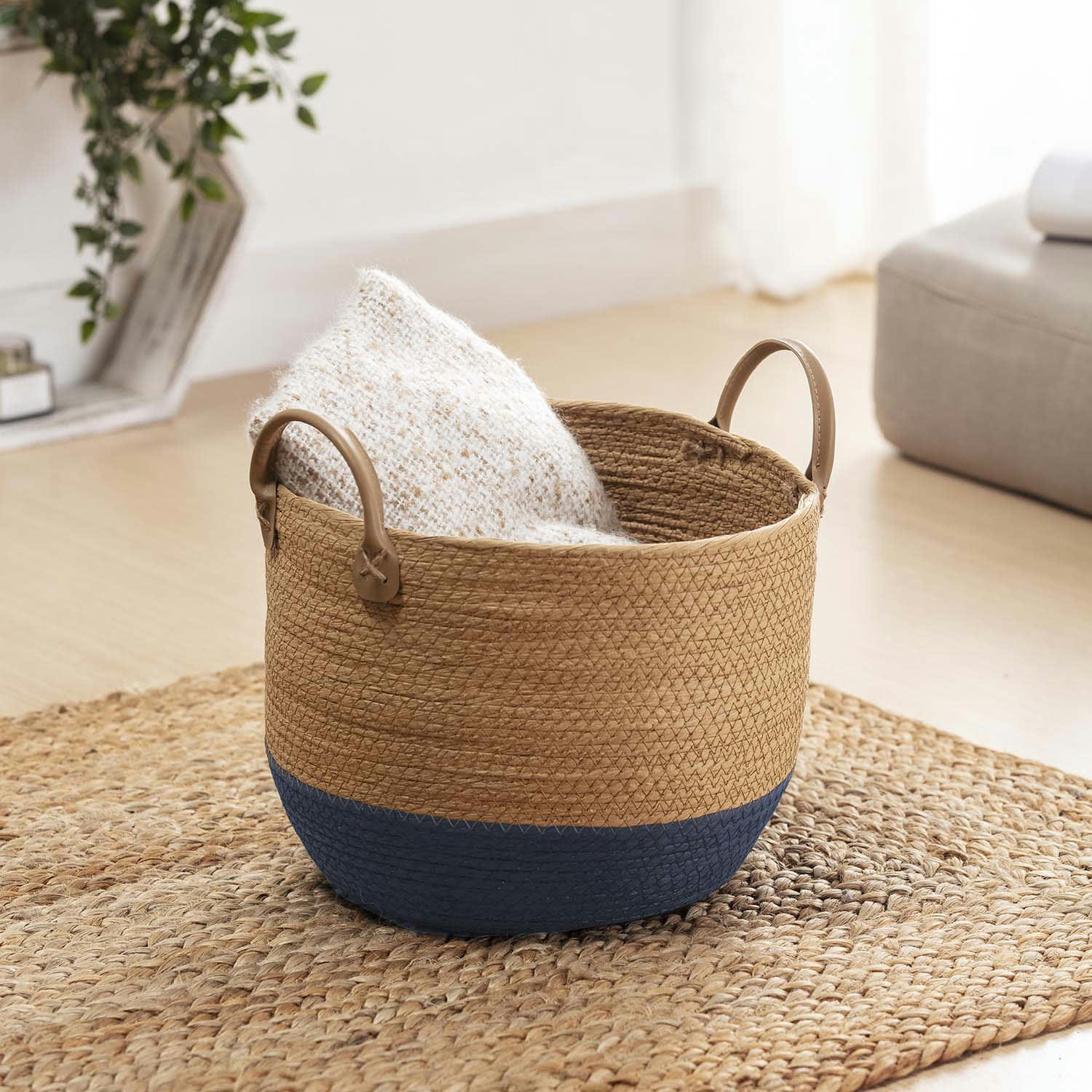 TECLA - Set de 3 paniers fibre naturelle, bleu/naturel