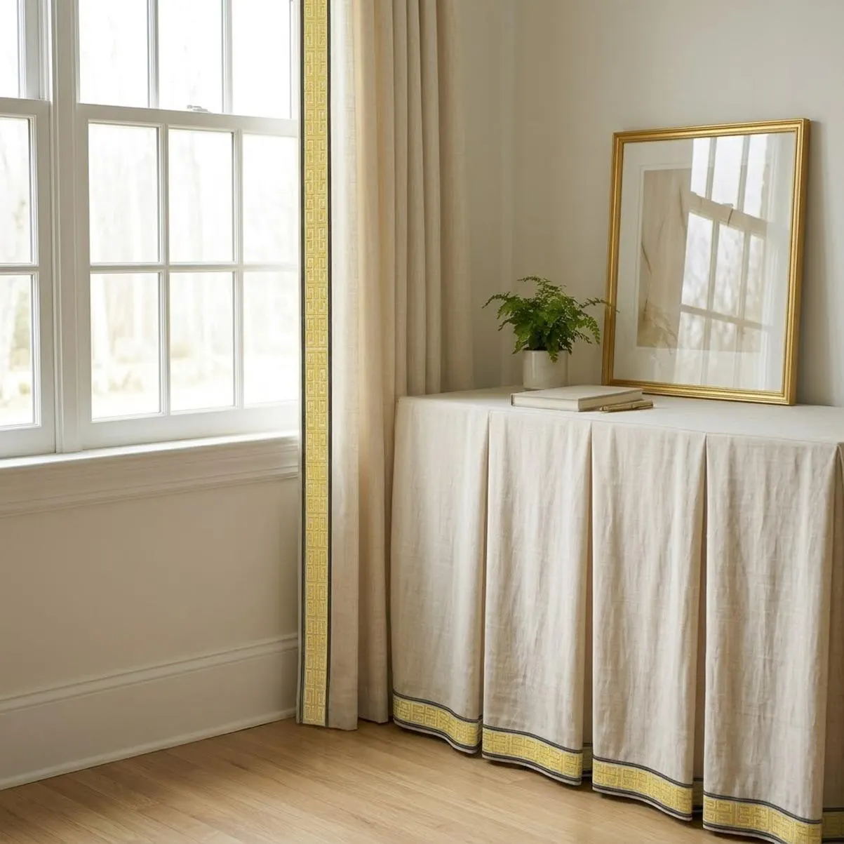 Natural Linen Fabric Tape Trim Cabinet Skirt | Pleated Storage Cabinet Skirt | Decorative Furniture Skirt