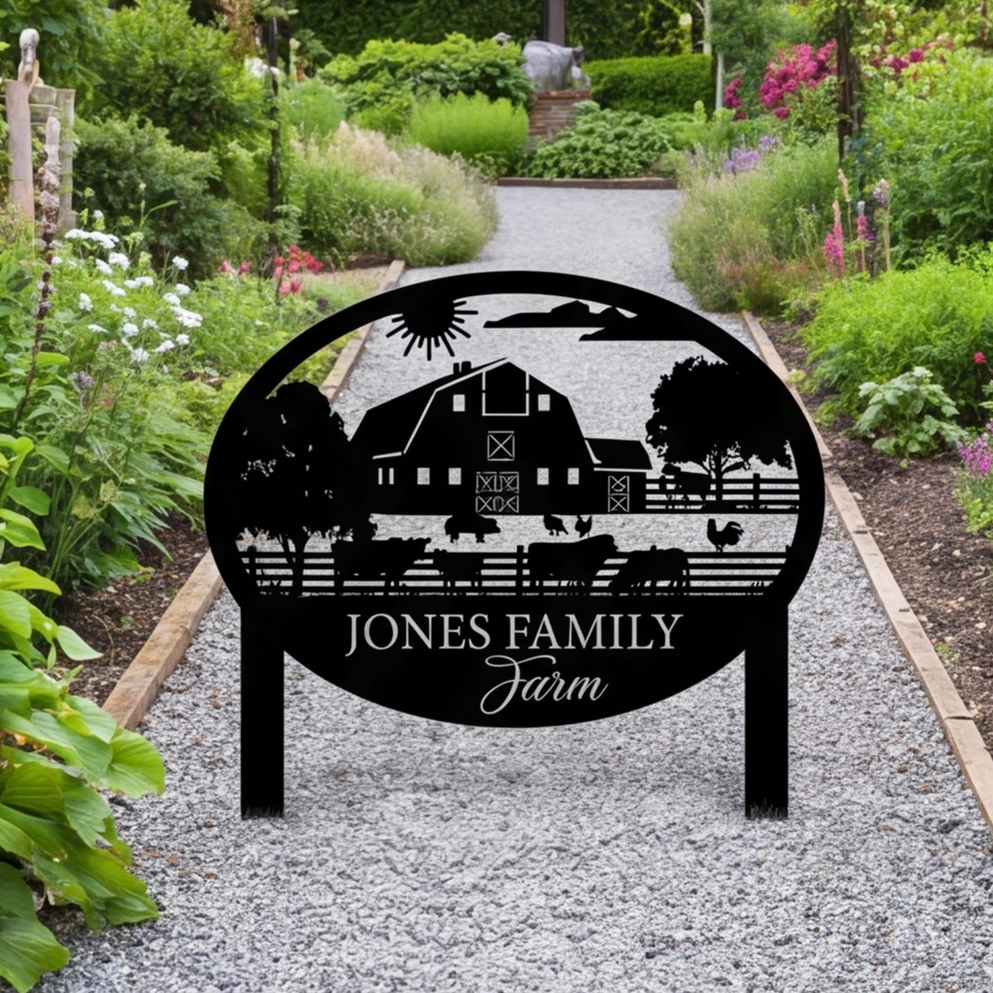 Farm Sign Metal Address Stake, Family Name Customizable Yard Sign, Established Date or Street Name, Outdoor Farm Scene