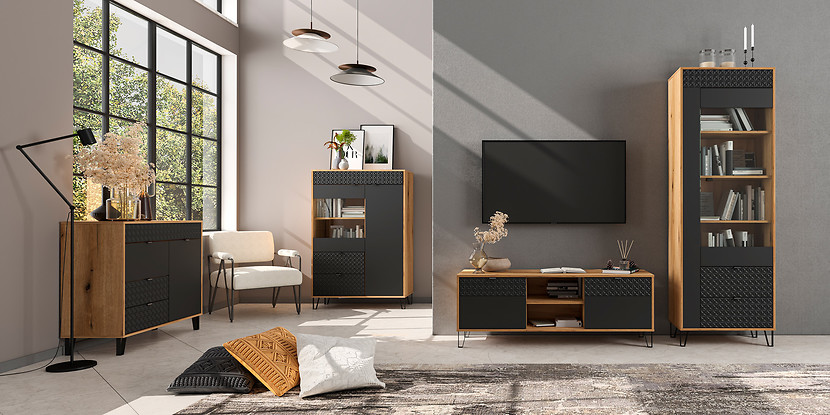 Witryna Bellano 68 cm z drzwiami i 2 szufladami dąb evok/czarny