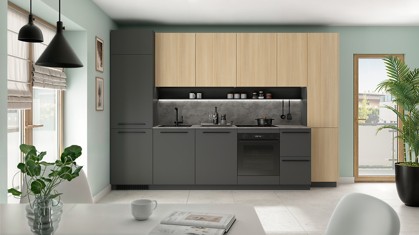 Komplet kuchenny Milino Medium A 285 cm z blatem antracyt/dąb barbera piaskowy