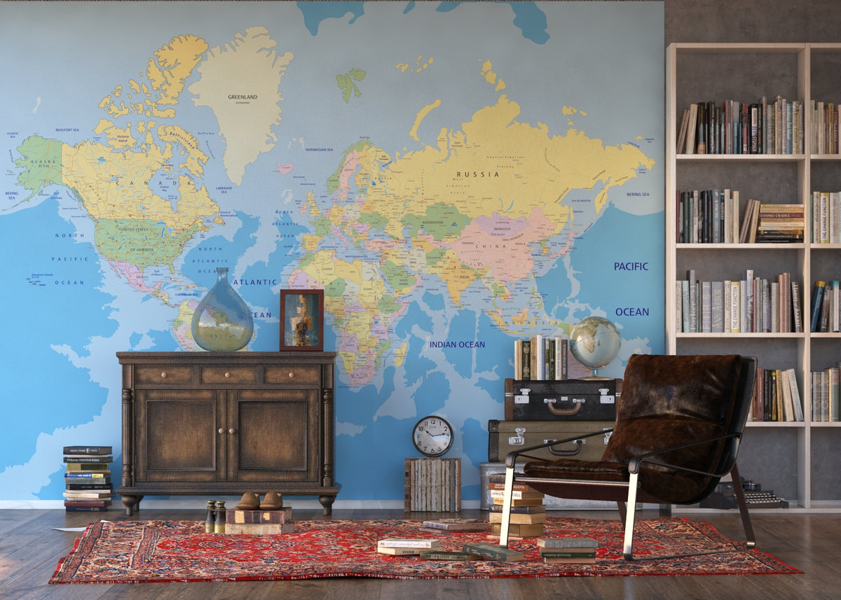 Sanders & Sanders fotobehang wereldkaart blauw, geel en groen - 375 x 270 cm - 600554