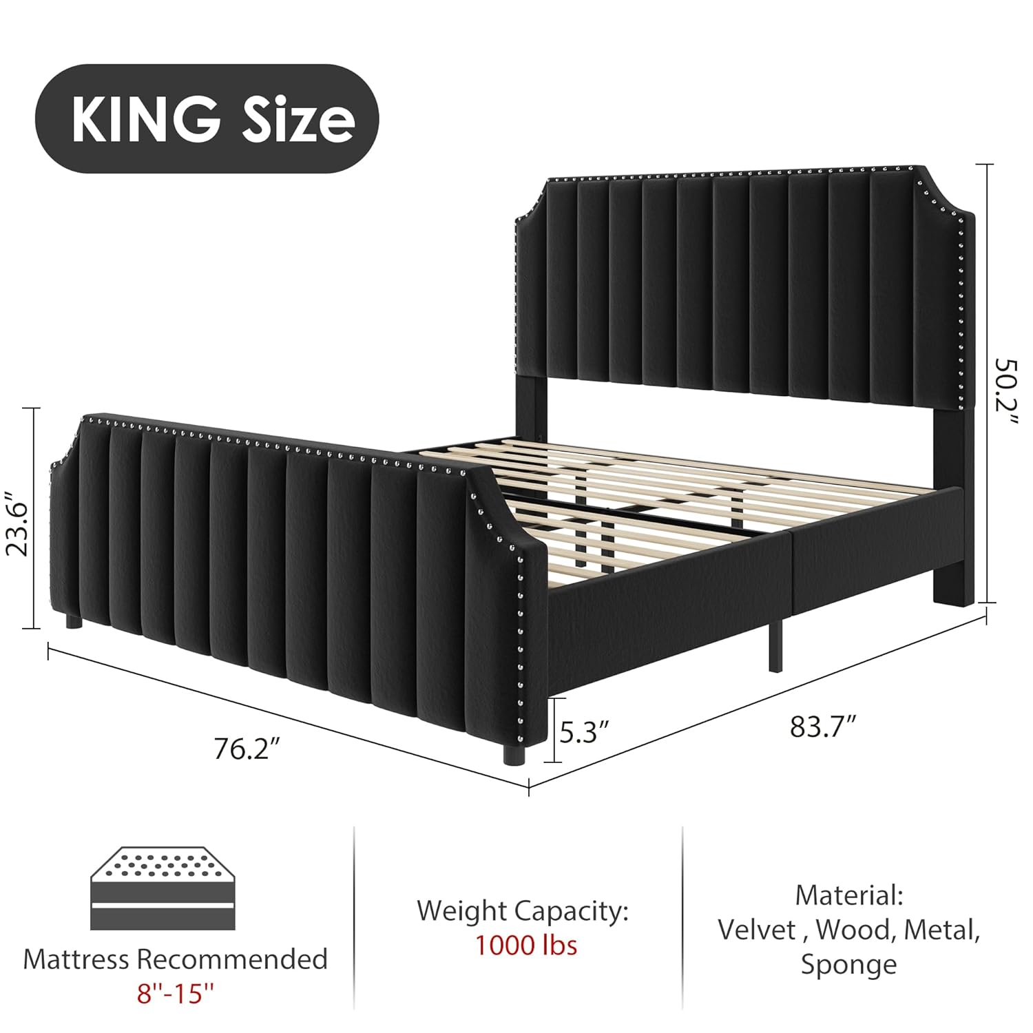 GarveeHome King Size Platform Bed Frame with 50.2 in Headboard, Velvet Upholstered Bed Frame King with Vertical Channel Tufted Headboard & Footboard, Nailhead Trim, No Box Spring Needed, Black