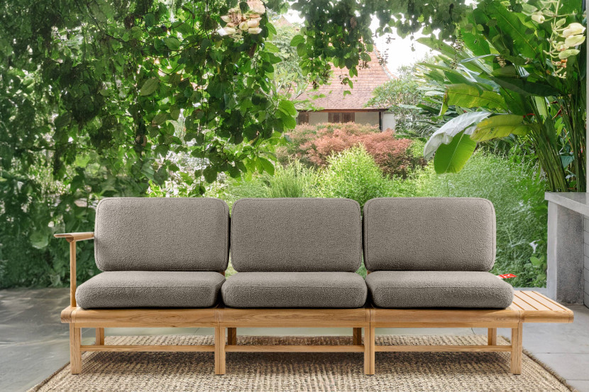 KONSIMO ATREDA Sofa ogrodowa 3-osobowa, z boczną półką, szara, boho