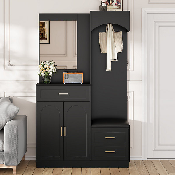 Meuble d'entrée 110x33x185,5 cm avec miroir intégré, banc d'assise et étagères réglables, design moderne noir compact