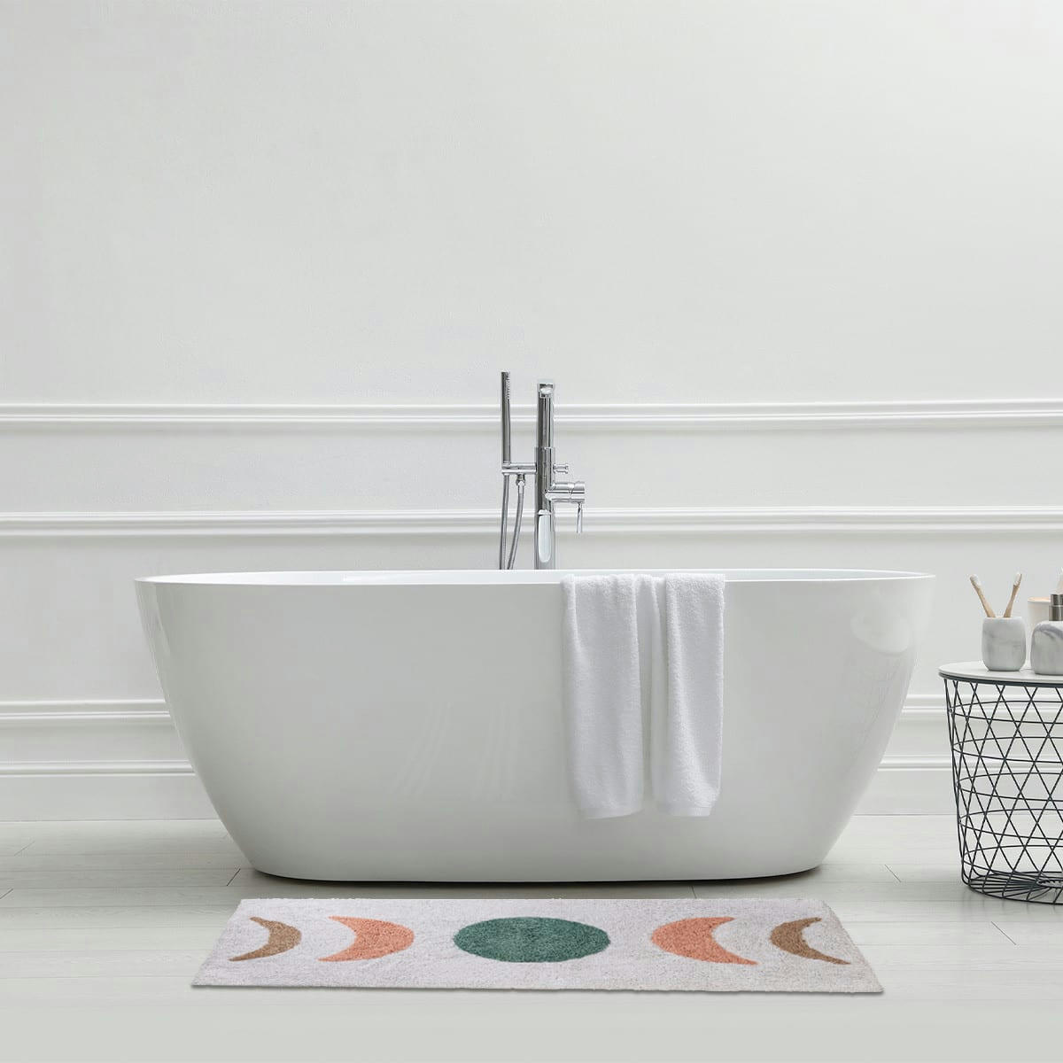 BOHEMIAN - Tapis de bain coton fantaisie blanc et rose 60x120cm