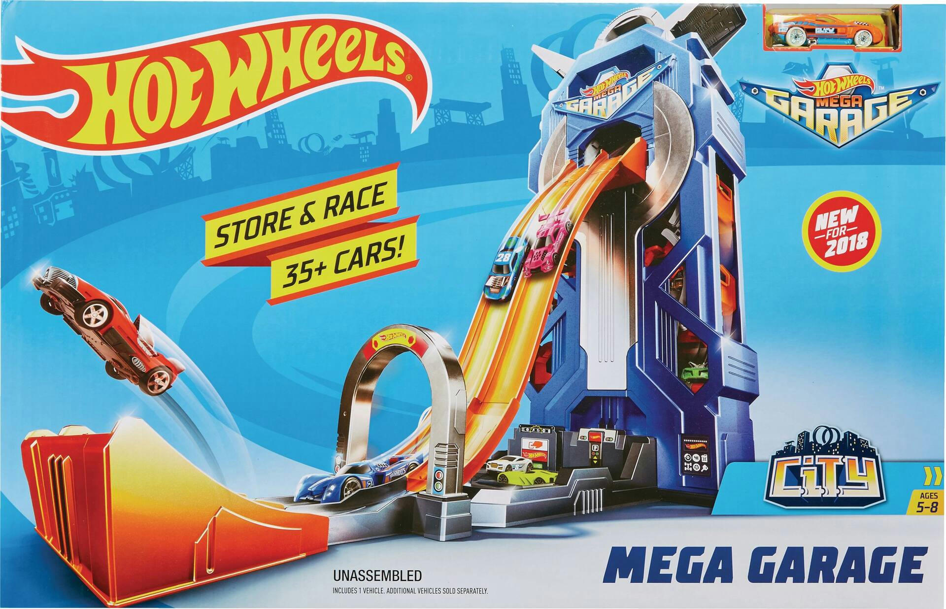 Hot Wheels City Series Mega Garage Race Track Playset, Stores 35+ Cars, Ages 5-8
