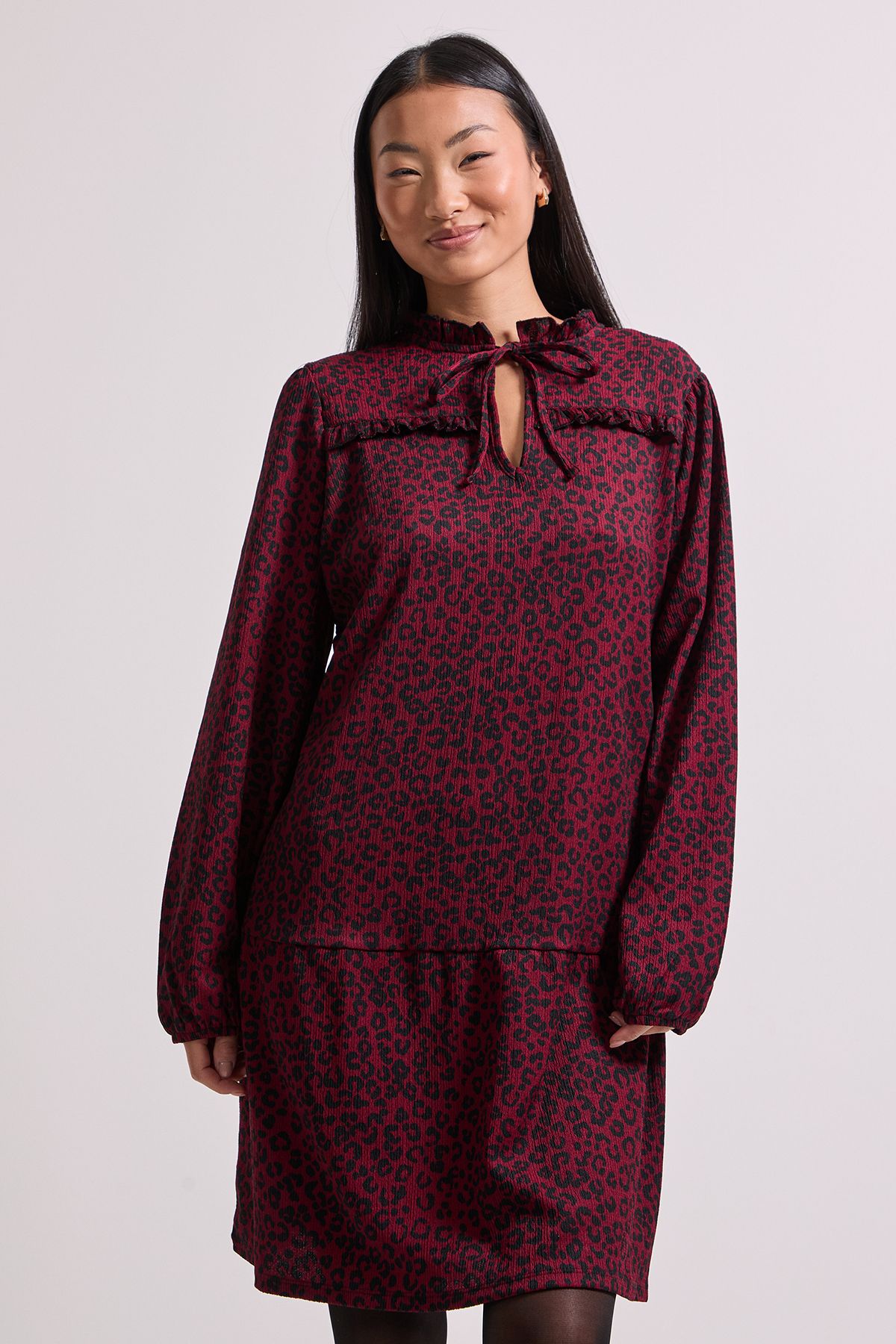 Dorothy Perkins Petite Brown Animal Tie Neck Tiered Smock Jersey Mini Dress