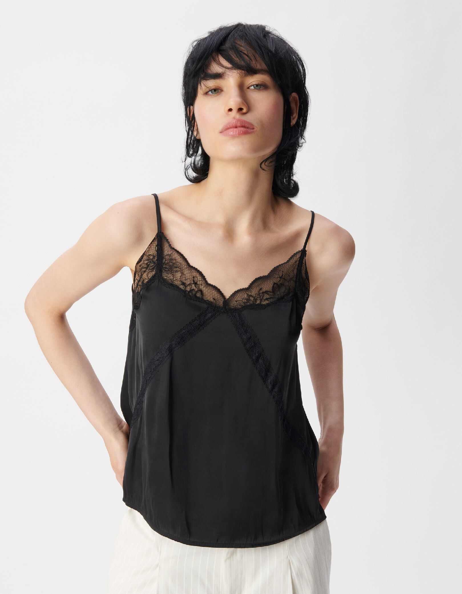 Top caraco fines bretelles noir dentelle Femme