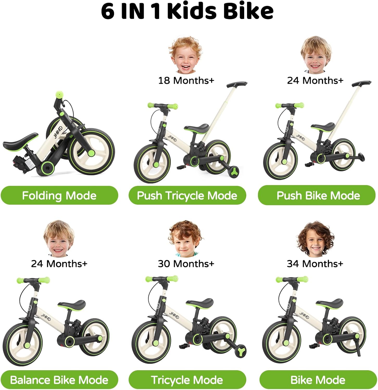 JMMD 6 in 1 Toddler Bike with Push Handle for Kids 18-60 Months, 12 Foldable Balance Bike with Training Wheels, Pedals, Brakes, Kickstand, Push Tricycle Toddler Gift & Toys for Boy & Girl