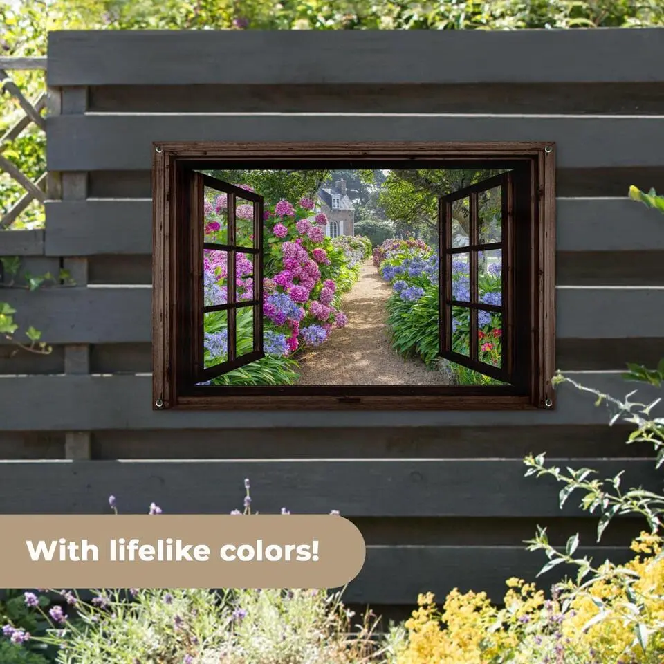 MuchoWow Tuinposter 120x80cm Hortensia Doorkijk Bloemen Paars