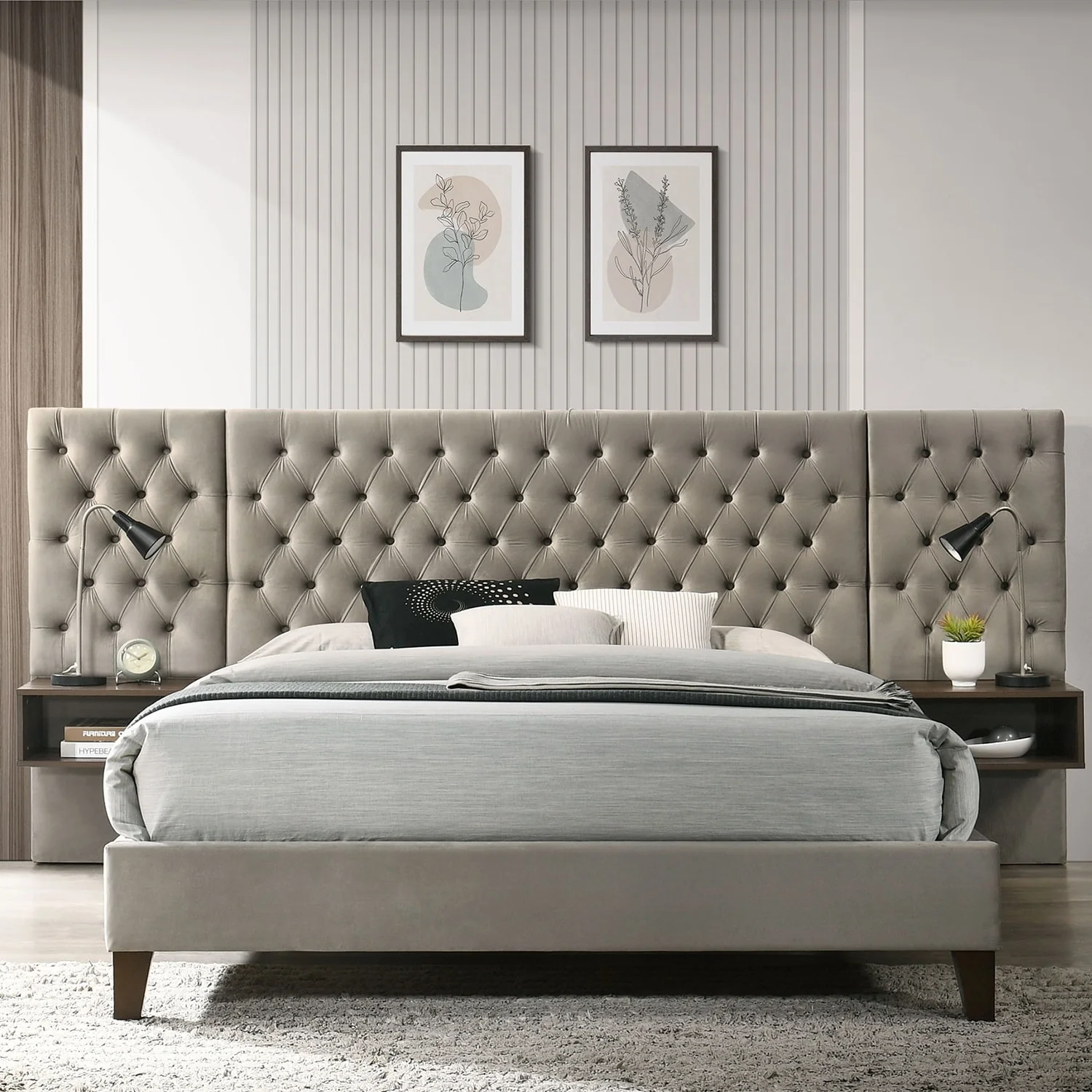 Upholstered Wall Panel Bed with 2 Floating Nightstands in Light Brown