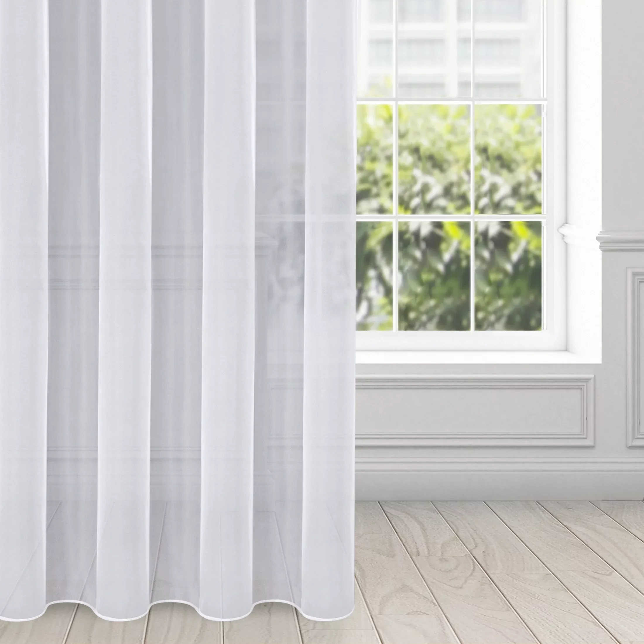 Firana biała z gładkiego mlecznego woalu wykończona szwem obciążającym VIOLET 400x300 cm przelotka