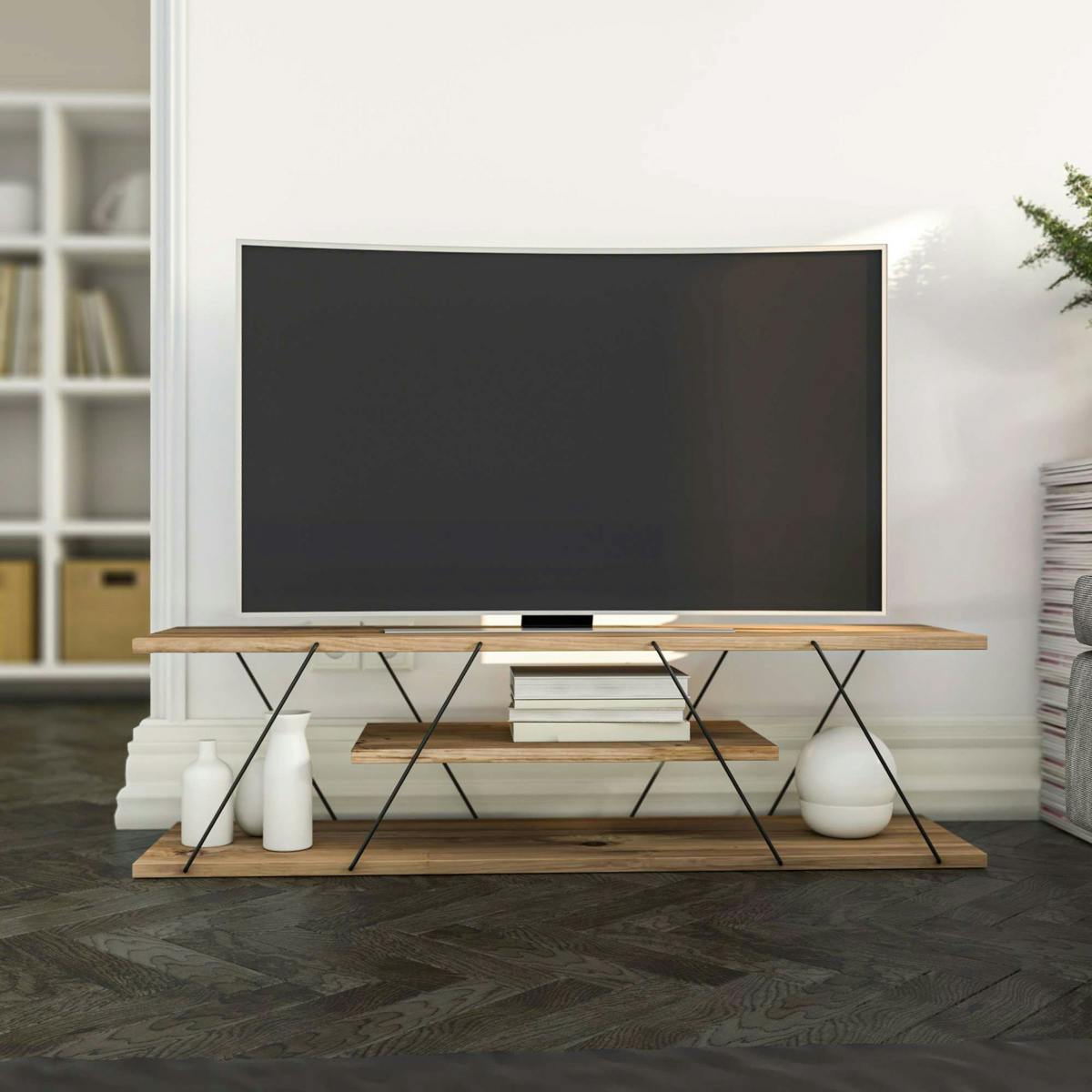 Banc TV filaire décor bois noyer et métal noir JENA