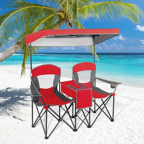 NNECW Double Folding Camping Chair with Canopy and Armrests-Red