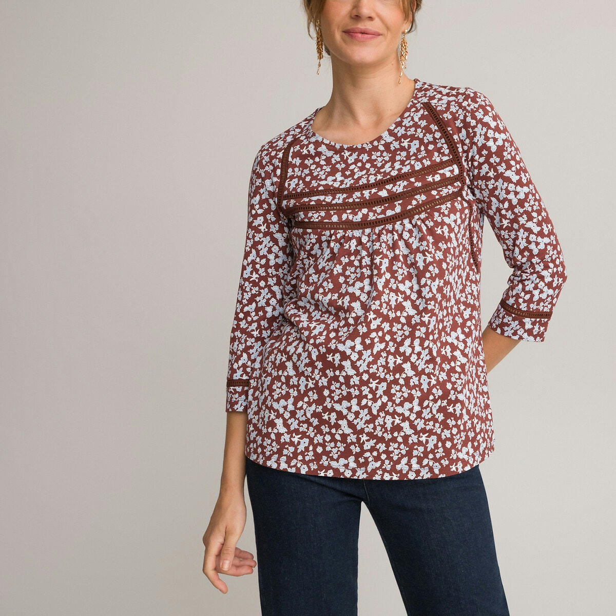 T-shirt imprimé floral, col rond, manches longues