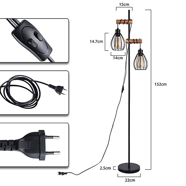 Nettlife lampadaire salon lampadaire noir : lampadaire bois métal industriel e27 lampadaire 2 lumières 152cm (sans ampoule)