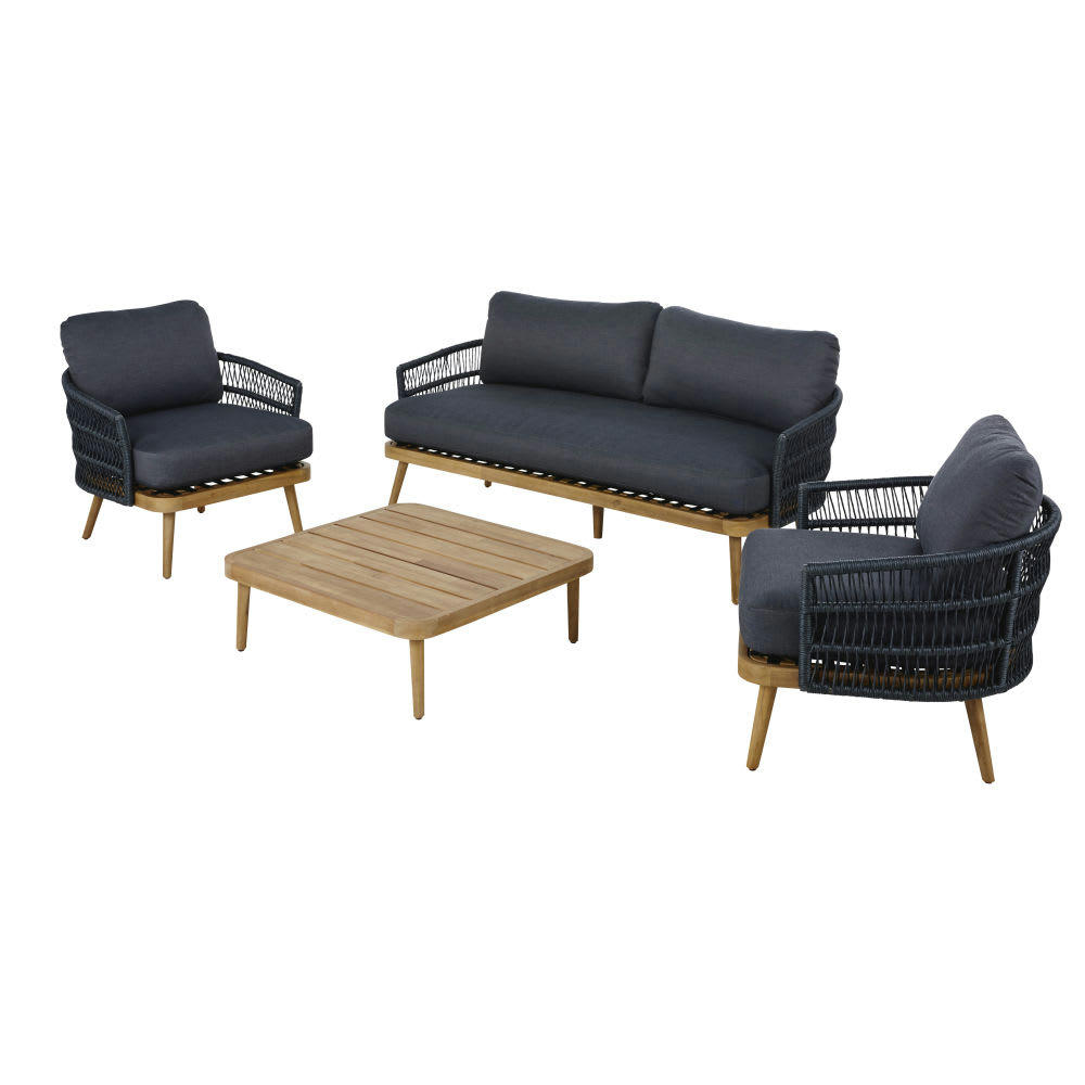 Mozambia - Salon de jardin 4/5 places en résine tressée gris anthracite et acacia massif imitation teck